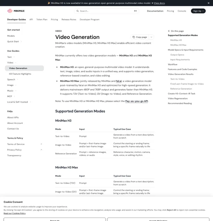 The MiniMax video generation documentation as it appeared on 16 September 2026.