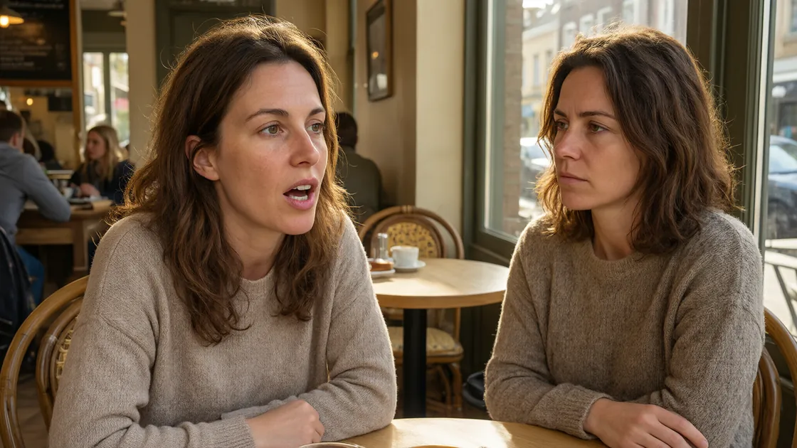 Two women at a cafe table in afternoon light, both facing the camera, the nearer one mid-sentence with her mouth open and the other listening with her mouth closed.